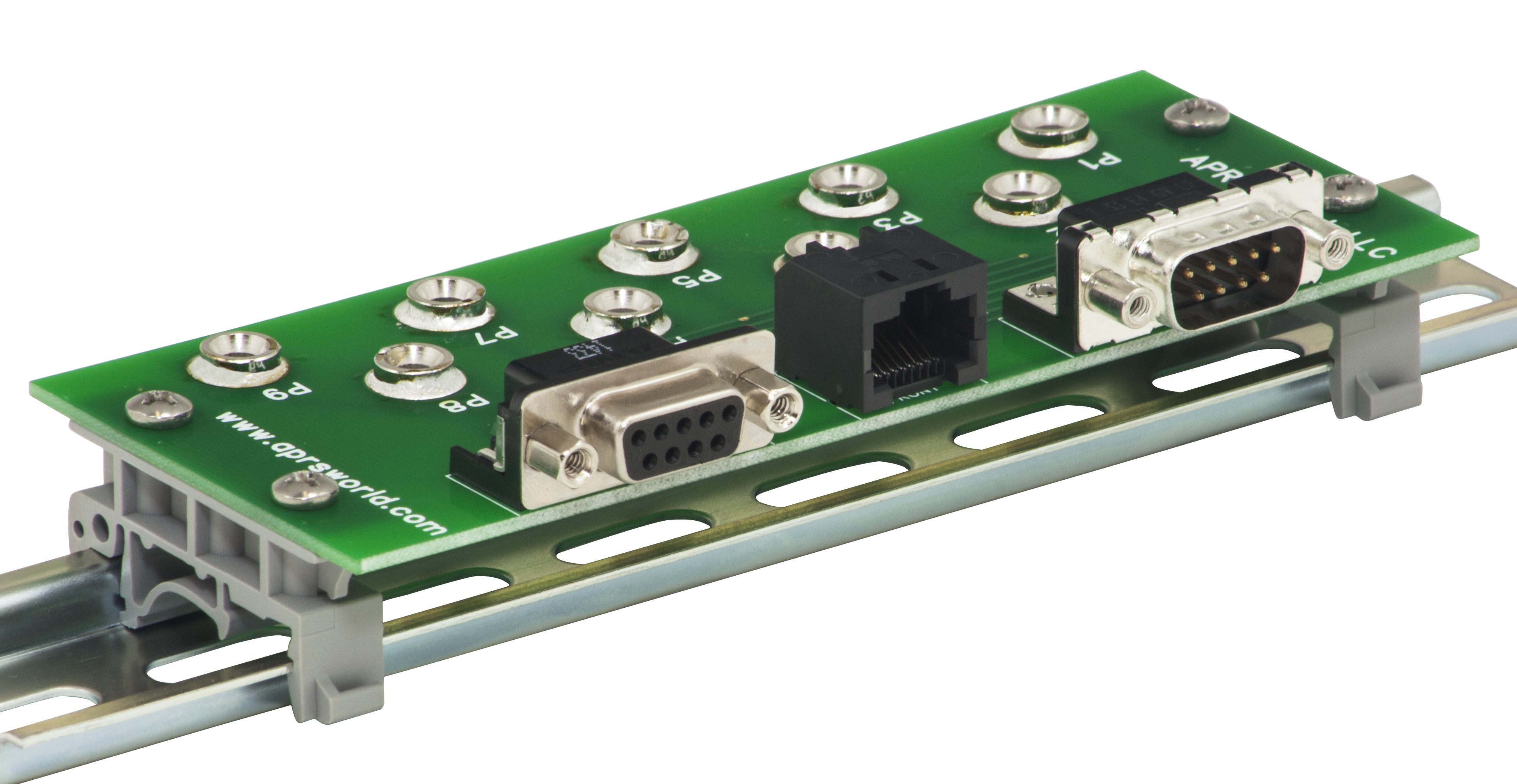 APRS6854 DB9M / RJ45 / DB9F to Banana Jack Breakout Board, DIN Rail